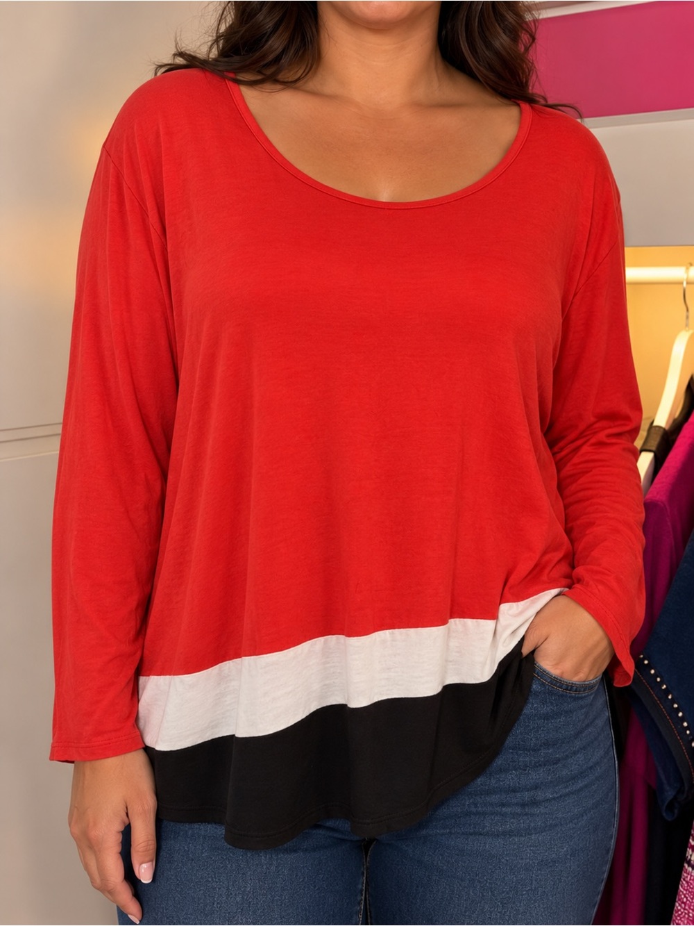 Sunday Colorblock Long-Sleeve Scoop Neck Top - Red/White/Black